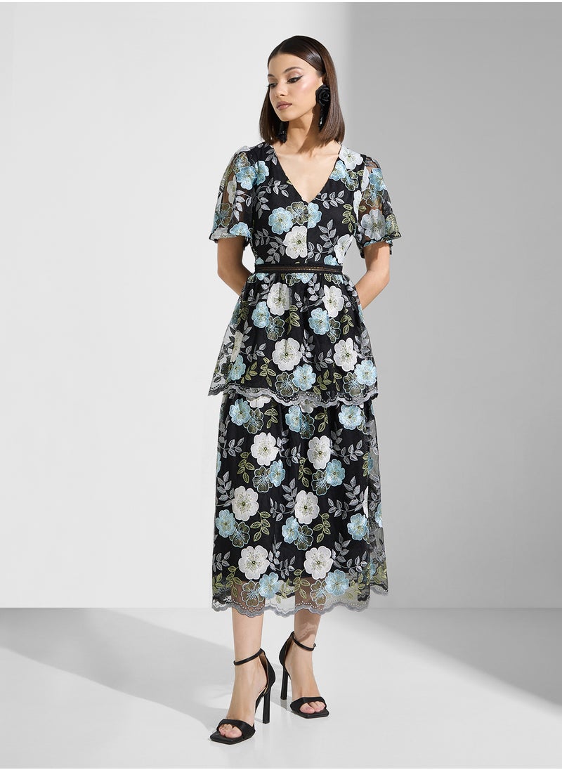 Just Me - Mesh Embroidered Short Slv Midi Dress - Image 1