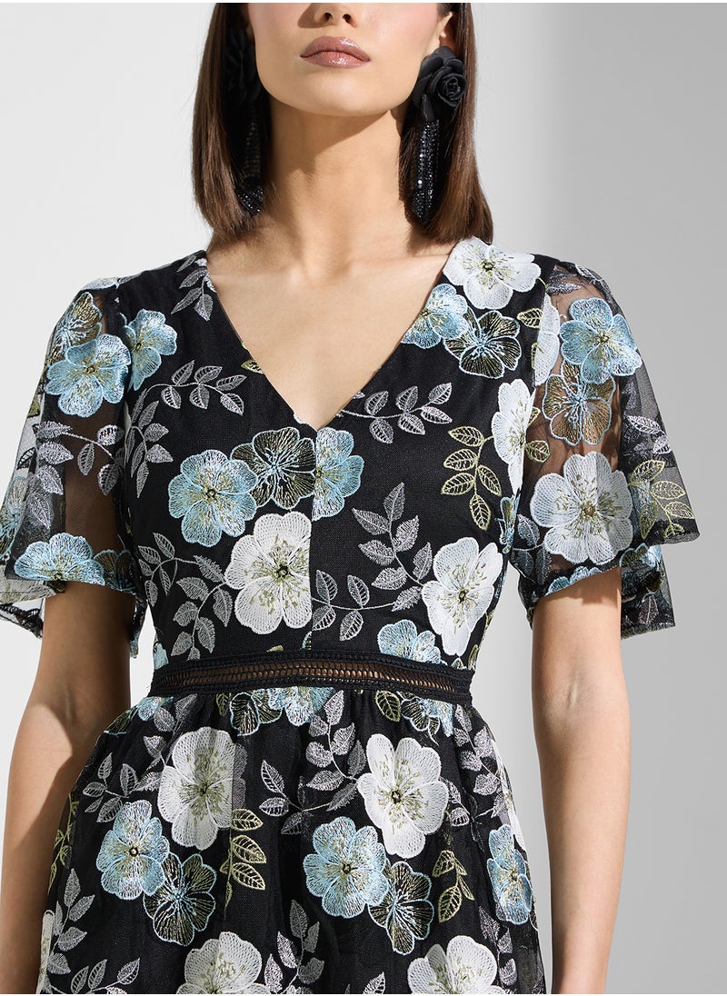 Just Me - Mesh Embroidered Short Slv Midi Dress - Image 1