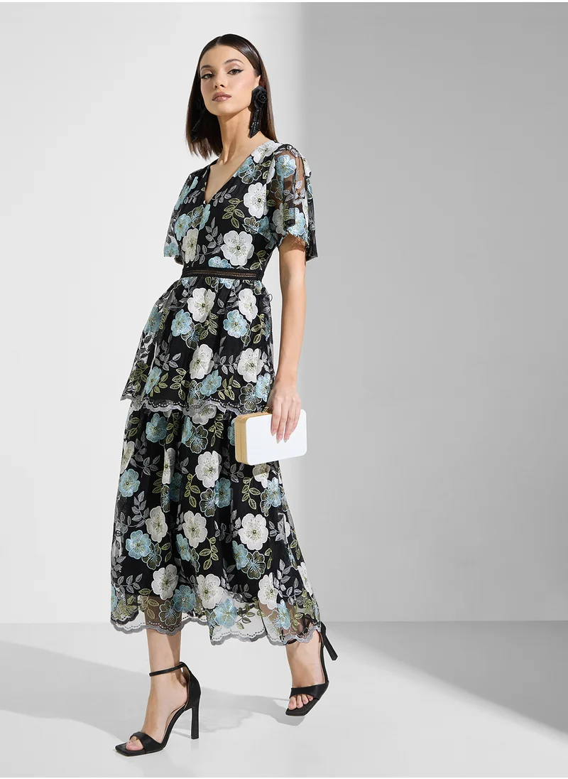 Just Me Mesh Embroidered Short Slv Midi Dress