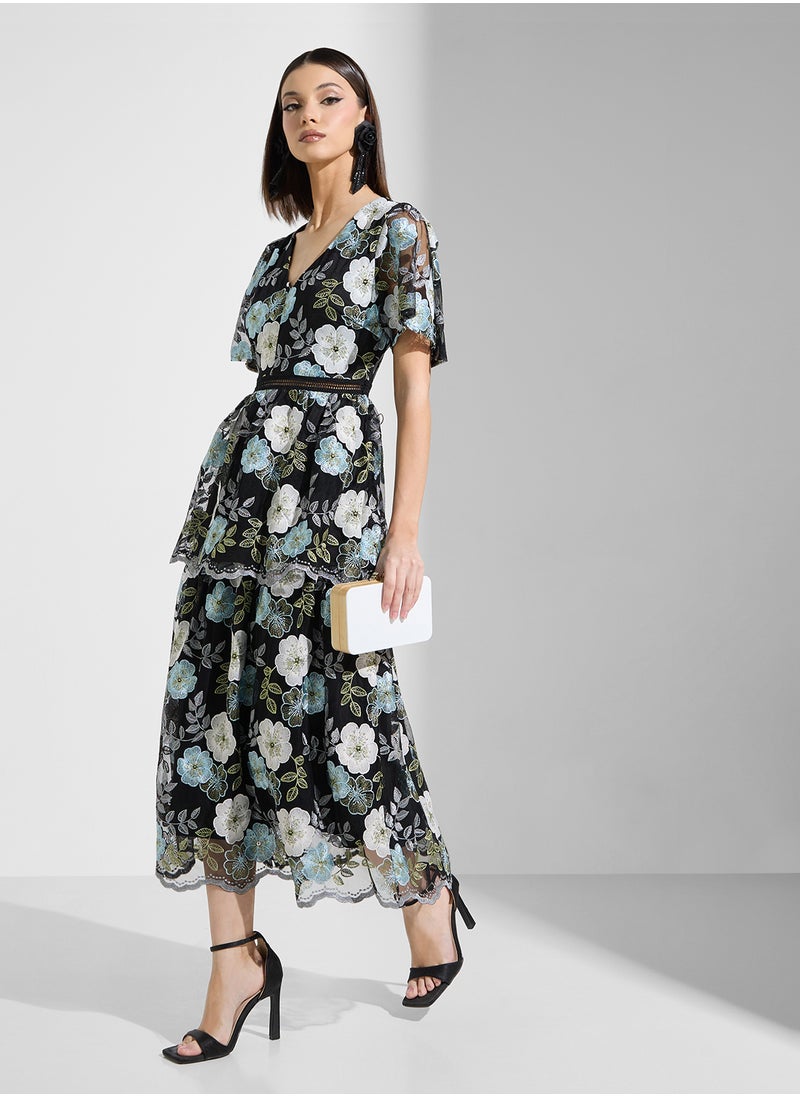 Just Me - Mesh Embroidered Short Slv Midi Dress - Image 1