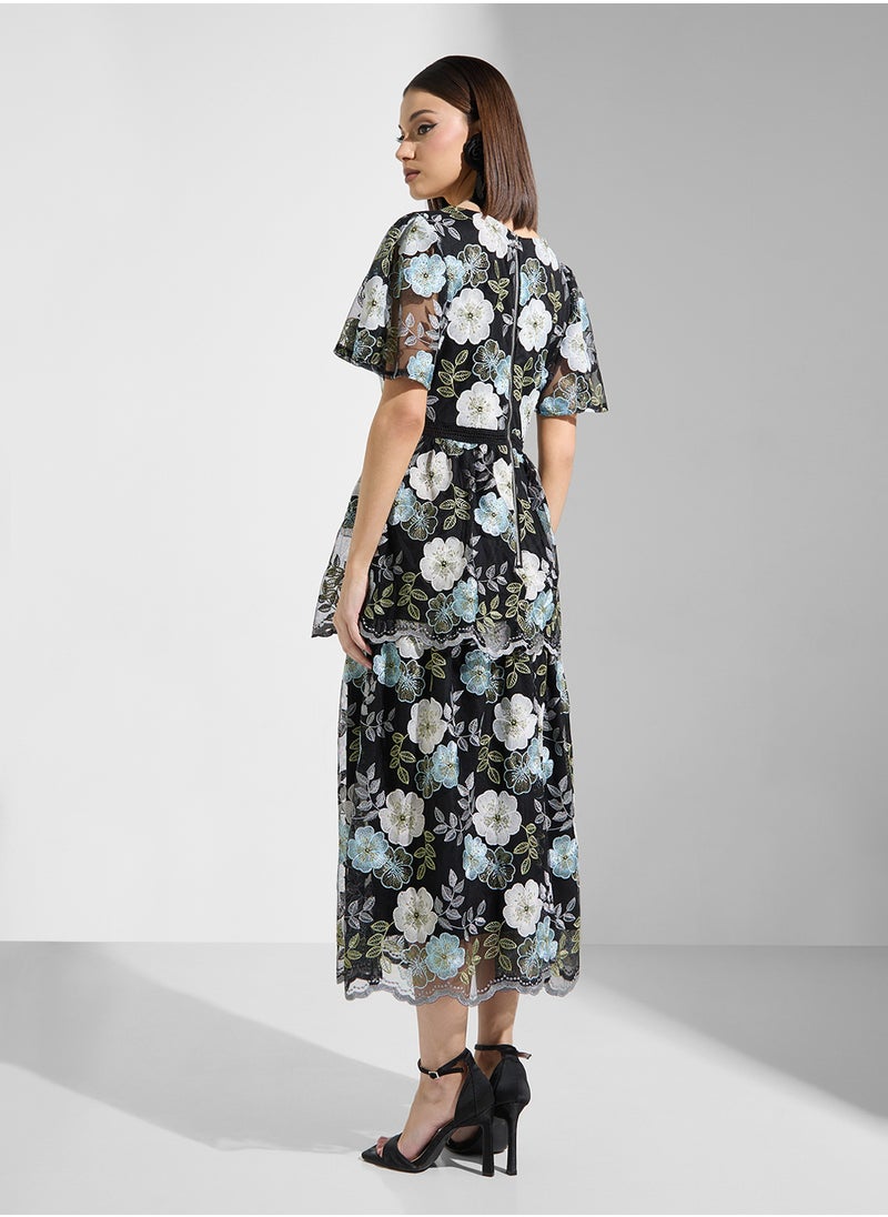 Just Me - Mesh Embroidered Short Slv Midi Dress - Image 1