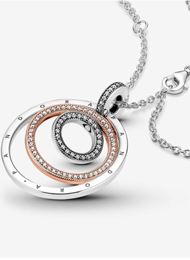 Pandora Signature Women's Fashion Versatile Classic Cubic Zirconia 925 Silver and Copper Silver Alloy Dual Color Multi Ring Pendant Necklace Gift 389483C01-60