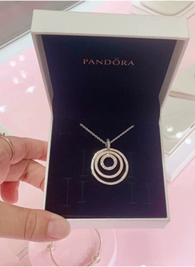 Pandora Signature Women's Fashion Versatile Classic Cubic Zirconia 925 Silver and Copper Silver Alloy Dual Color Multi Ring Pendant Necklace Gift 389483C01-60