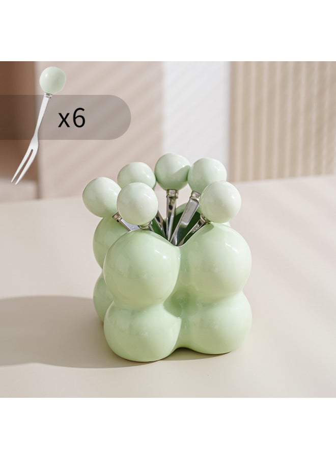 Cute Fruit Fork Suit Creative Exquisite Stainless Steel Food Grade High Color Value Household Ceramic Small Fork Storage Jar-Color:Standard-Specifications:Fruit Green + 6 Prongs - Image 1