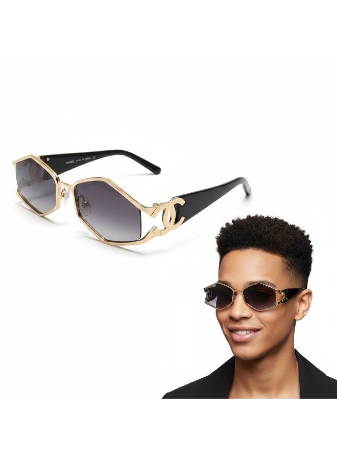 sunglasses featuring a geometric gold frame and the brand's iconic logo on the arms. Code 32