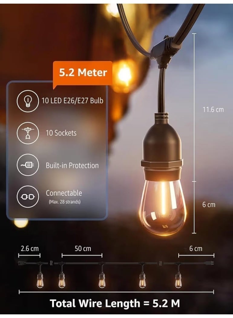 نجفة شوب 5 متر حبل إضاءة ديكور خارجي وداخلي (String Lights) – 10 لمبات ليد دافئة - Image 3