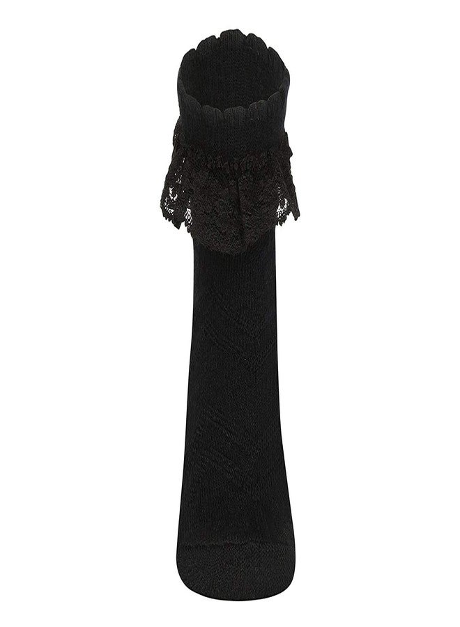 V3E جوارب قطنية مزينة بكشكشة للبنات والرضع من V3E (أسود، عبوة من 3 قطع) - (12-24 شهرًا) - Image 3