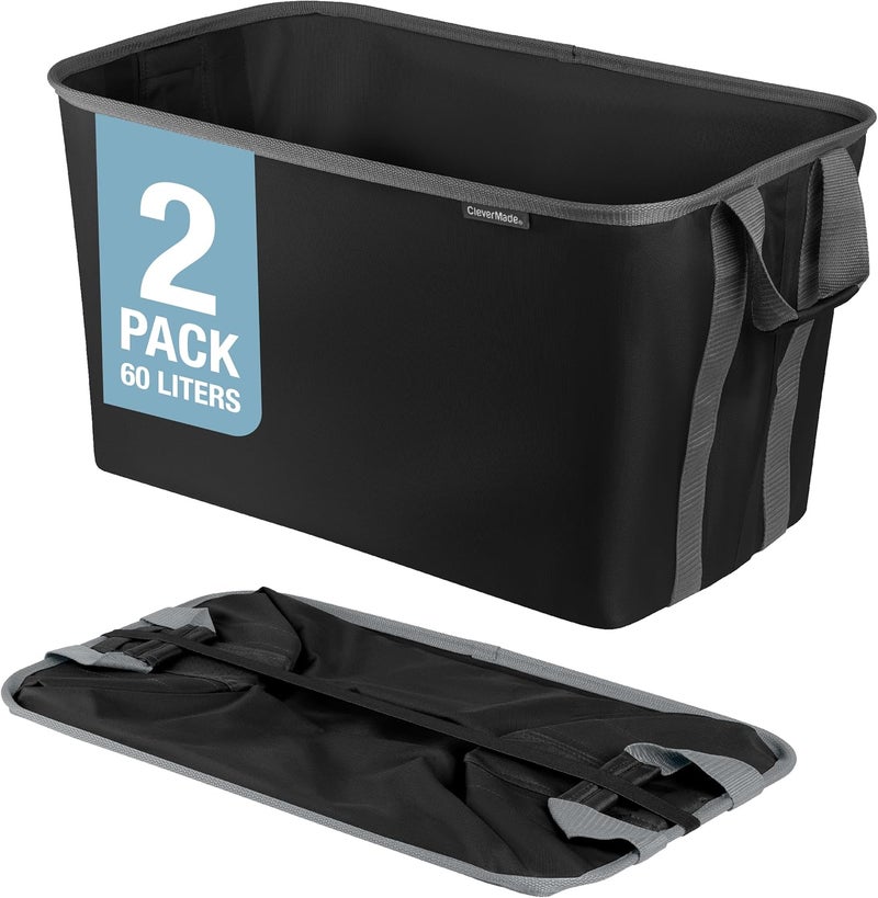 CleverMade Collapsible Laundry Basket Hamper  Black 2Pack 60L  Space Saving Storage Organizer with Handles Foldable Home Organization - Image 1