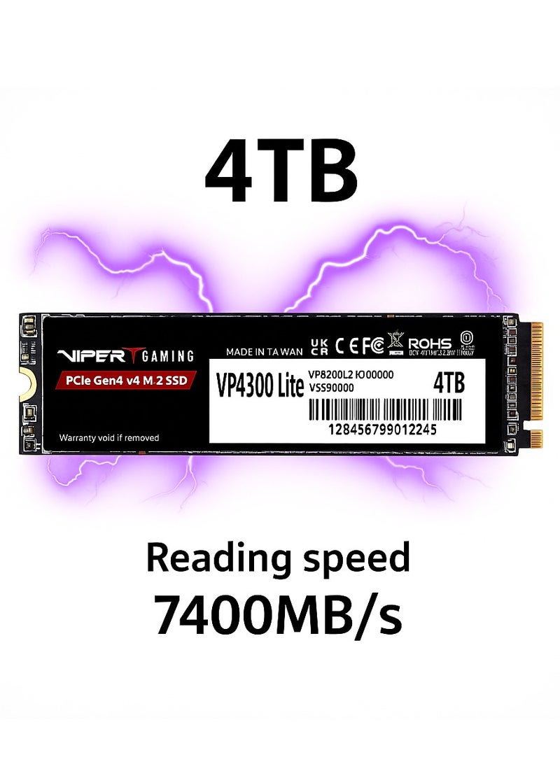 PATRIOT Viper VP4300 Lite 4TB M.2 2280 NVMe SSD, Up to 7400MB/s Read, 6400MB/s Write, PCIe Gen4x4 High Performance, PS5 Compatible, Desktop & Laptop, Graphene Heat Spreader | VP4300L4TBM28H - Image 1
