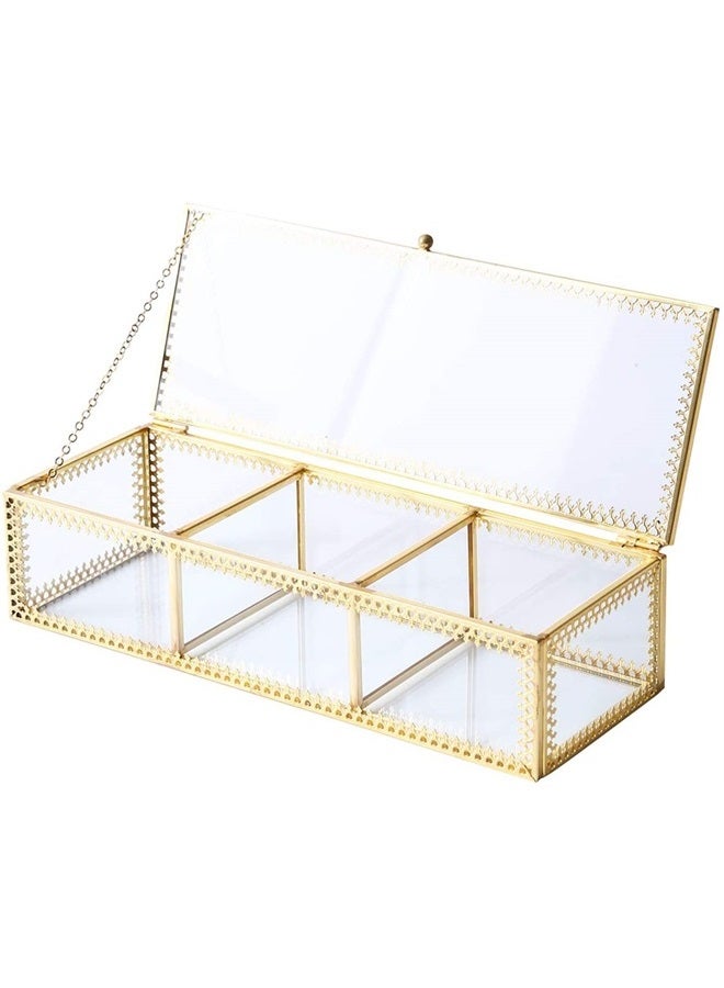 Levilan 3 Compartment Golden Vintage Glass Jewelry Box, Lidded Clear Glass & Brass Metal Organizer Storage for Cosmetic Makeup, Beauty Display with Decorative Lace - Image 1