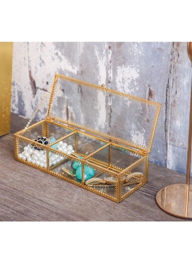 Levilan 3 Compartment Golden Vintage Glass Jewelry Box, Lidded Clear Glass & Brass Metal Organizer Storage for Cosmetic Makeup, Beauty Display with Decorative Lace - Image 2
