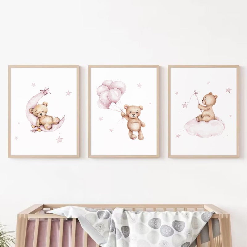 Baccone Bear Nursery Wall Art Decor Set of 3 Teddy Bear Wall Art Baby Girl Canvas Wall Decor Pink Pictures Balloon Nursery Children Prints Artwork Moon Star Cloud Art for Boys Room Bedroom 12x16 Inch Unframed - Image 1