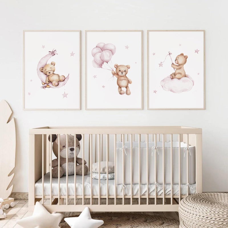 Baccone Bear Nursery Wall Art Decor Set of 3 Teddy Bear Wall Art Baby Girl Canvas Wall Decor Pink Pictures Balloon Nursery Children Prints Artwork Moon Star Cloud Art for Boys Room Bedroom 12x16 Inch Unframed - Image 3