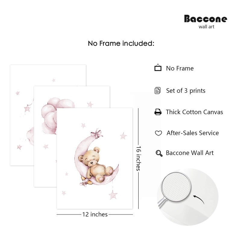 Baccone Bear Nursery Wall Art Decor Set of 3 Teddy Bear Wall Art Baby Girl Canvas Wall Decor Pink Pictures Balloon Nursery Children Prints Artwork Moon Star Cloud Art for Boys Room Bedroom 12x16 Inch Unframed - Image 2