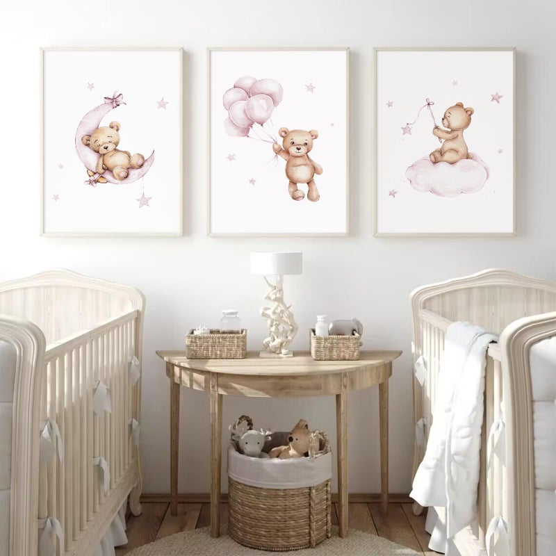 Baccone Bear Nursery Wall Art Decor Set of 3 Teddy Bear Wall Art Baby Girl Canvas Wall Decor Pink Pictures Balloon Nursery Children Prints Artwork Moon Star Cloud Art for Boys Room Bedroom 12x16 Inch Unframed - Image 5