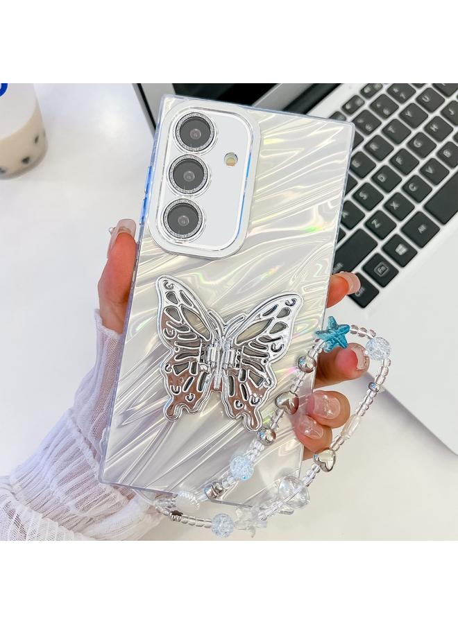 S-TOP Case For Samsung Galaxy S25 Ultra 5G Plating Glitter Lens Film Texture Butterfly Holder Wristband Phone Case