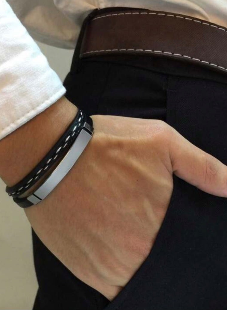 JewelryLand Men’s Elegant Bracelet Made Of High Quality PU Leather And Stainless Steel - Image 1