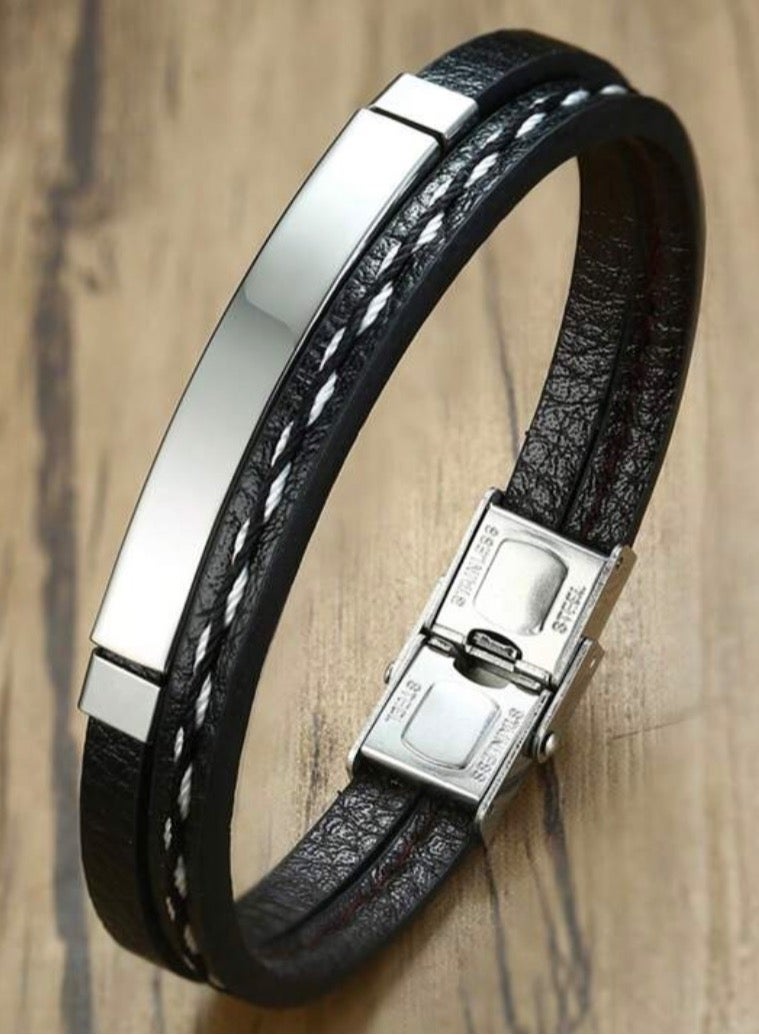 JewelryLand Men’s Elegant Bracelet Made Of High Quality PU Leather And Stainless Steel - Image 2