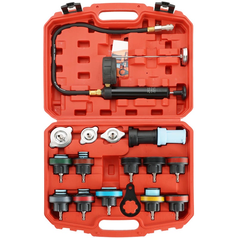 ATPEAM 18pcs Radiator Pressure Pump Cooling System Car Leak Tester Detector Tool Water Tank Adapter Auto Coolant Vacuum Purge Head Gasket