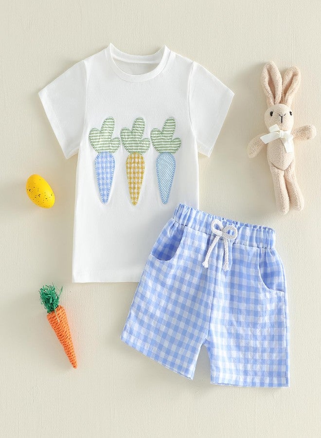 Thilsidee Toddler Baby Boy Girl Easter Outfits Short Sleeve Embroidery Carrot T-shirt Gingham Plaid Shorts Summer Clothes Set (A-White, 2-3T) - Image 2