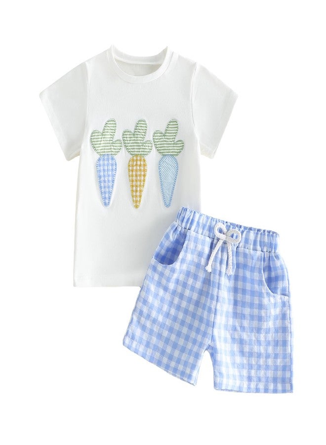 Thilsidee Toddler Baby Boy Girl Easter Outfits Short Sleeve Embroidery Carrot T-shirt Gingham Plaid Shorts Summer Clothes Set (A-White, 2-3T) - Image 1
