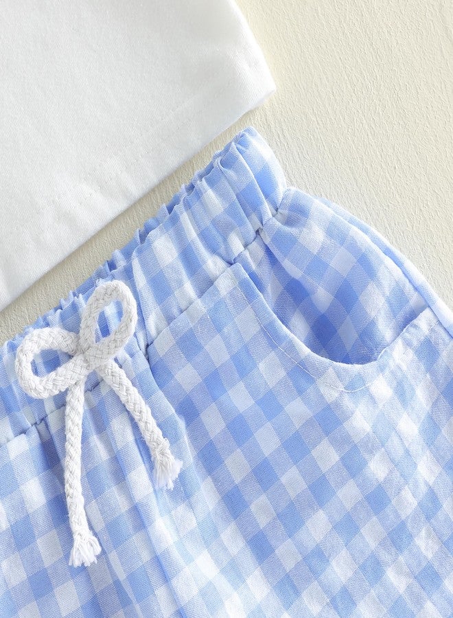 Thilsidee Toddler Baby Boy Girl Easter Outfits Short Sleeve Embroidery Carrot T-shirt Gingham Plaid Shorts Summer Clothes Set (A-White, 2-3T) - Image 5