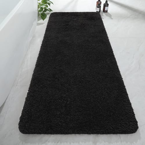 AROGAN Luxury Long Bathroom Runner Rug, 24x60 Inch Thick Soft and Absorbent Microfiber Non Slip Bath Mat, Rubber Backing Quick Dry Rugs Carpets, Machine Washable Plush Mats for Shower Floor, Black - Image 1