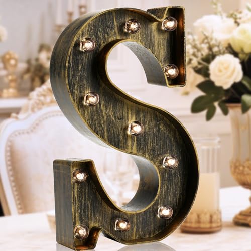 OYCBUZO Golden Black Led Marquee Letter - Industrial, Vintage Style Light Up Alphabet Letter Sign for Cafe Wedding Birthday Party Christmas Lamp Home Bar Initials Decor - S - Image 1