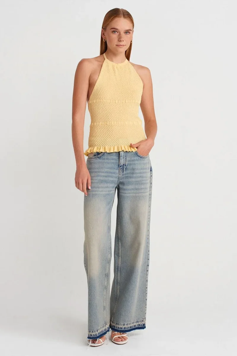 Dilvin Lemon Yellow DILVIN Slim Fit Halter-Neck Knit Blouse for Women | Best Price UAE