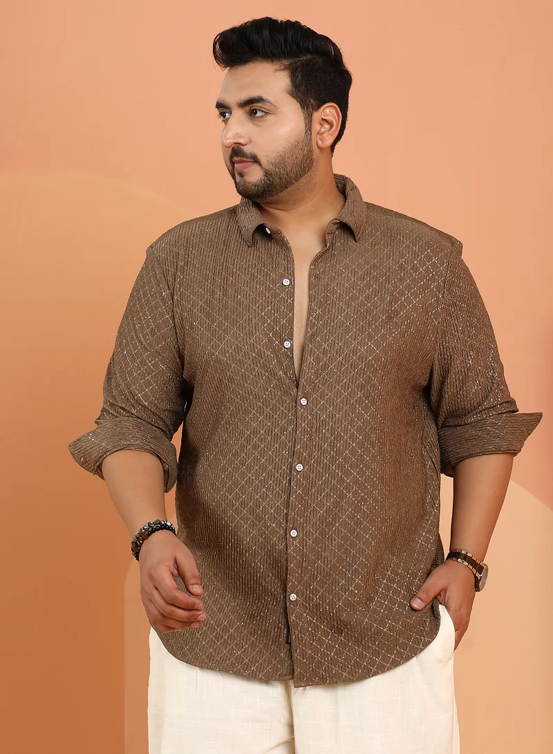 Instafab Plus Instafab Plus Men's Chocolate Brown Shimmering-Grid Shirt For Casual Wear | Spread Collar | Long Cuffed Sleeves | Button Closure | Plus Size Shirt Crafted With Comfort Fit For Everyday Wear