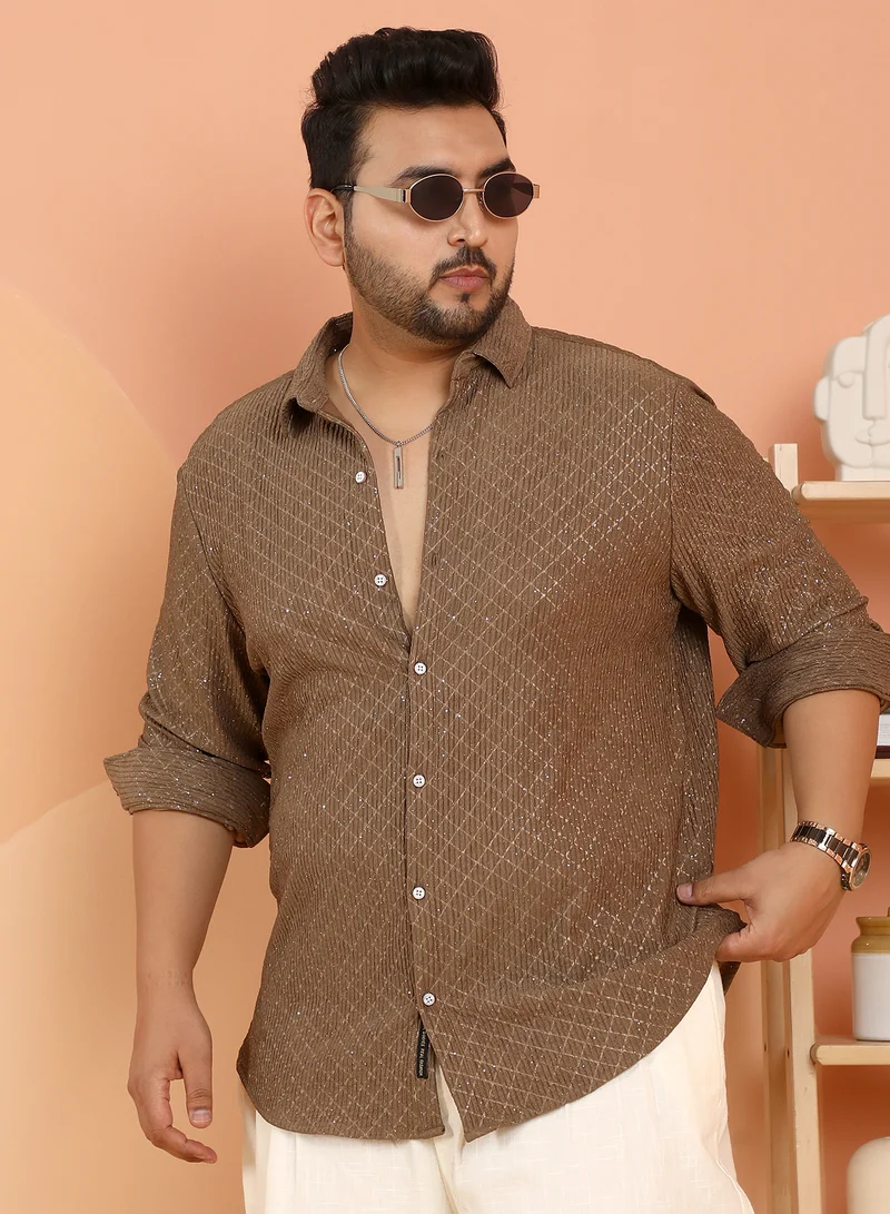 Instafab Plus Instafab Plus Men's Chocolate Brown Shimmering-Grid Shirt For Casual Wear | Spread Collar | Long Cuffed Sleeves | Button Closure | Plus Size Shirt Crafted With Comfort Fit For Everyday Wear