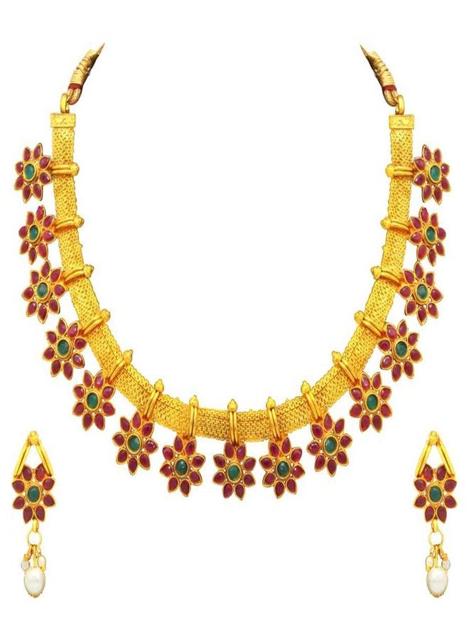 Peora Traditional Flower Shape Kundan Fashion Necklace Earring Set for Women & Girls - Image 1