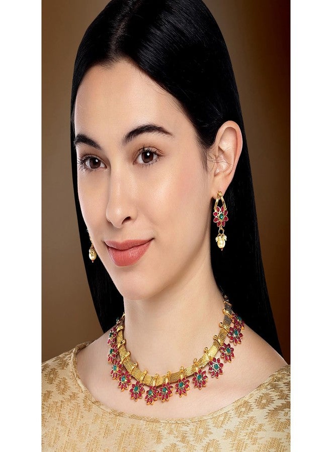 Peora Traditional Flower Shape Kundan Fashion Necklace Earring Set for Women & Girls - Image 3