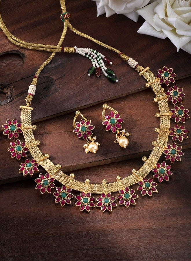 Peora Traditional Flower Shape Kundan Fashion Necklace Earring Set for Women & Girls - Image 2