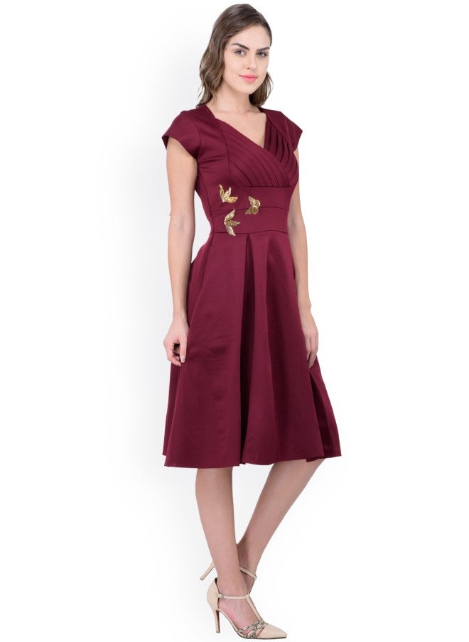 Athena Burgundy Fit and Flare Dress for Women - Image 2