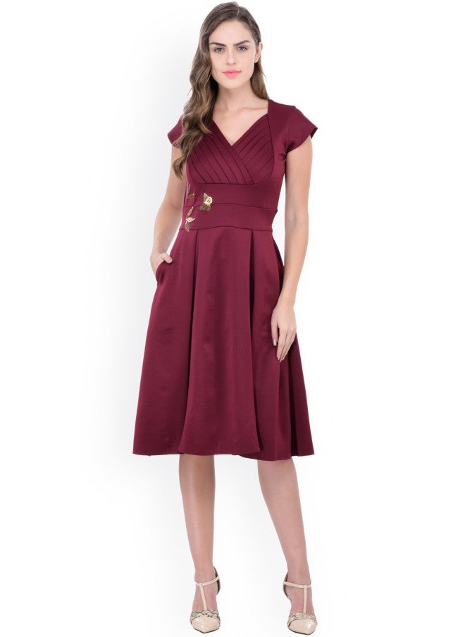 Athena Burgundy Fit and Flare Dress for Women - Image 1