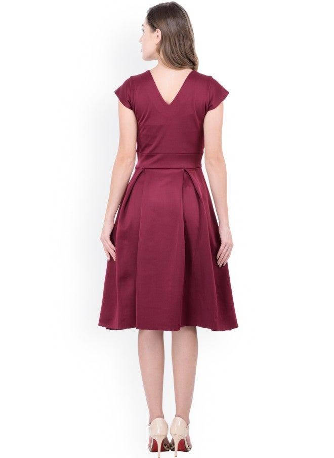 Athena Burgundy Fit and Flare Dress for Women - Image 3