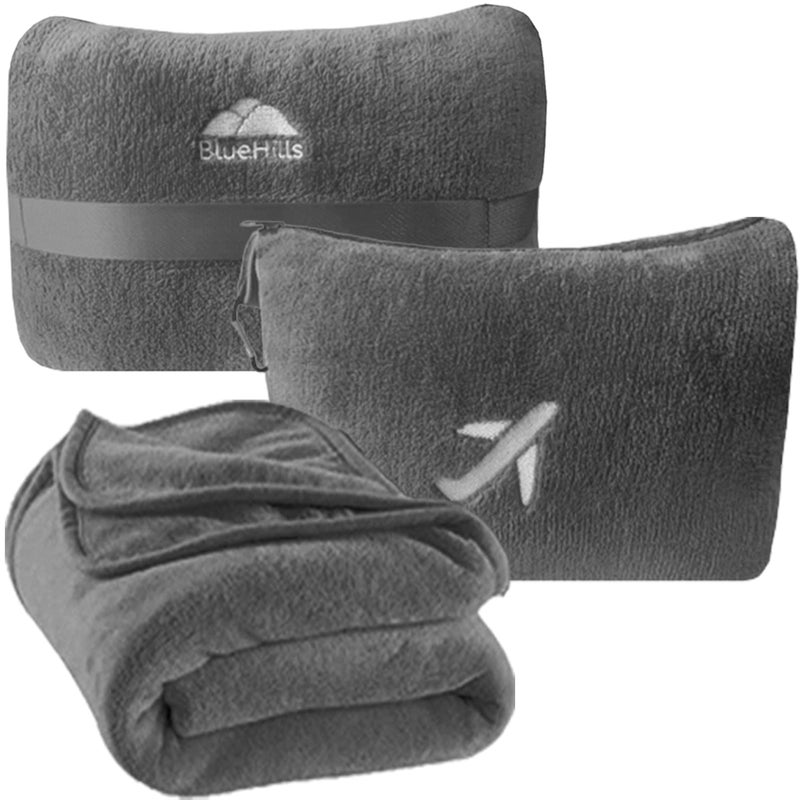 BlueHills Travel Blanket Pillow in Mini Soft Case Premium Plush Airplane Blanket Soft Bag Compact Pack with Luggage Belt and Backpack Clip Small Lightweight Traveling Plane Essentials - Grey Gray M01 - Image 1