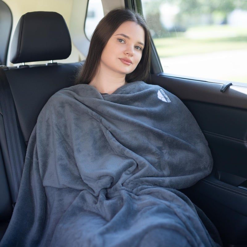 BlueHills Travel Blanket Pillow in Mini Soft Case Premium Plush Airplane Blanket Soft Bag Compact Pack with Luggage Belt and Backpack Clip Small Lightweight Traveling Plane Essentials - Grey Gray M01 - Image 4