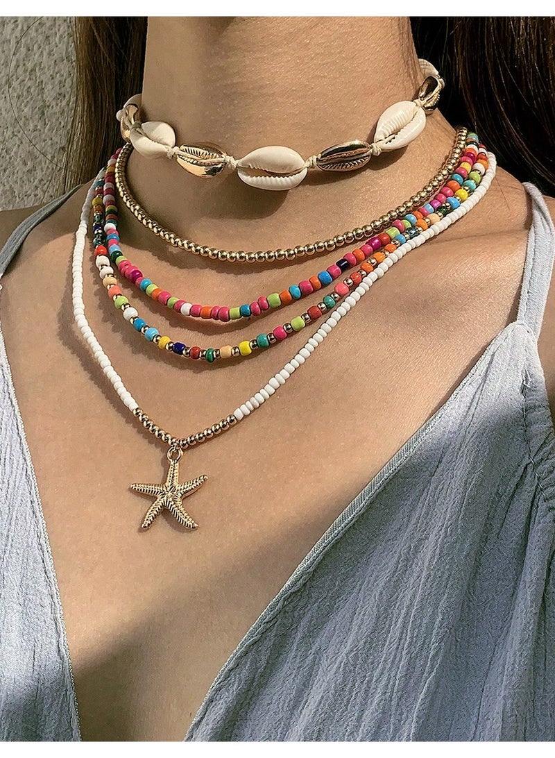 مجموعة قلادات من حبوب الأرز البوهيمية، مكونة من 5 قطع، مع أصداف ونجوم، هدايا حفلات للنساء - Image 1