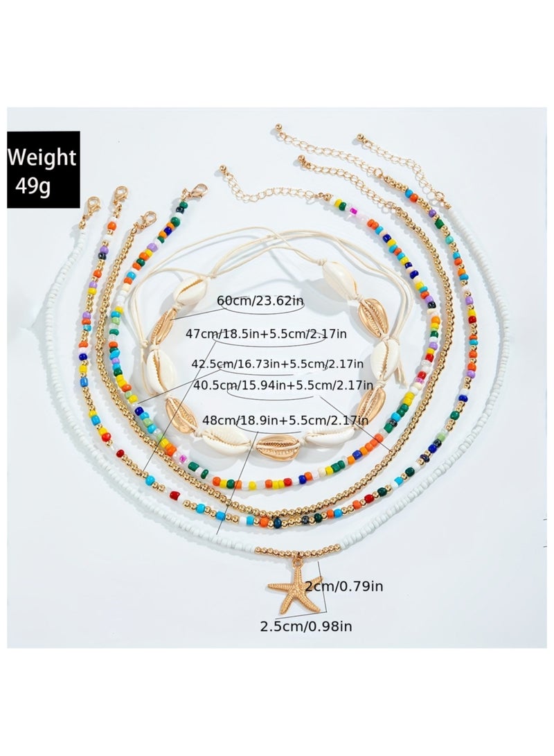 مجموعة قلادات من حبوب الأرز البوهيمية، مكونة من 5 قطع، مع أصداف ونجوم، هدايا حفلات للنساء - Image 2