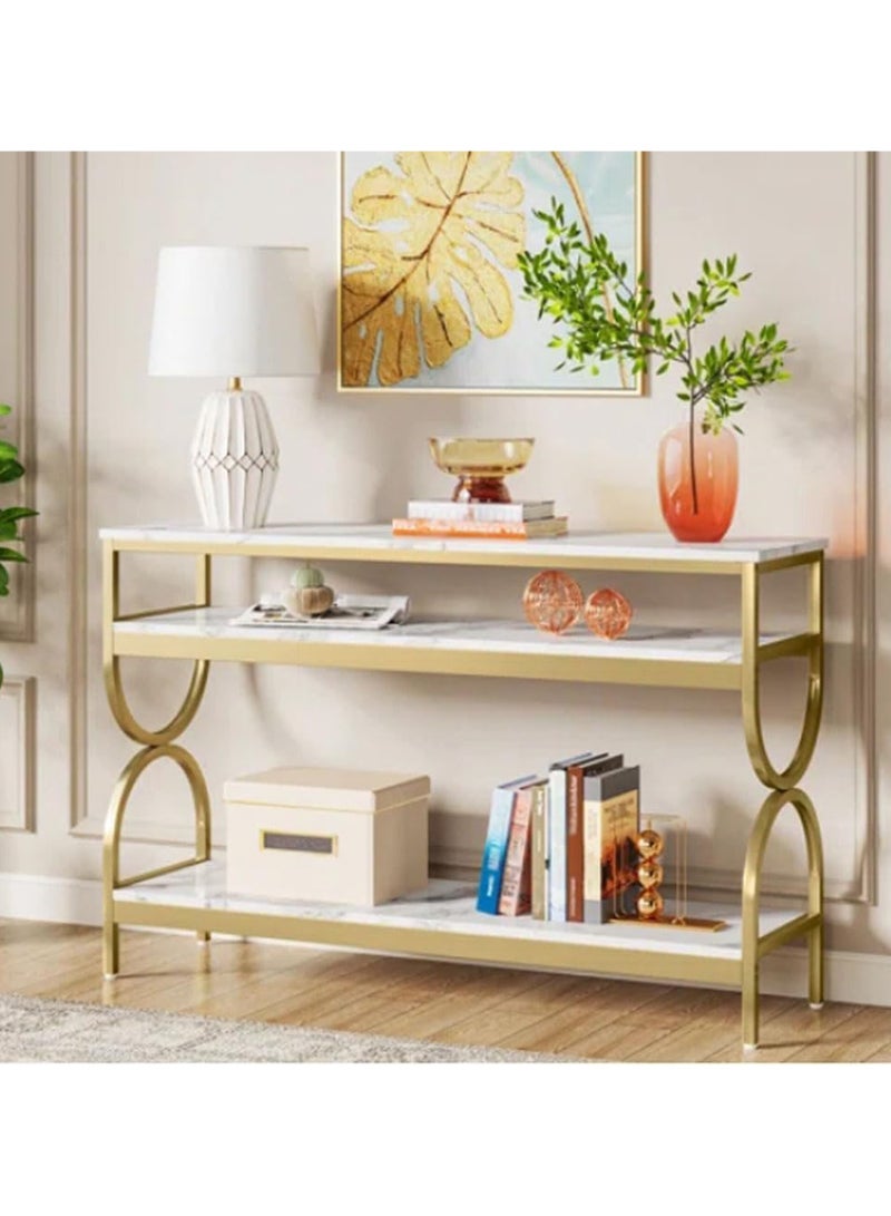 LINGWEI Elegant 3-Tier 𝐌𝐚𝐫𝐛𝐥𝐞 𝐂𝐨𝐧𝐬𝐨𝐥𝐞 𝐓𝐚𝐛𝐥𝐞 - Modern Design with Durable Shelving Gold Metal Frame with Marble Shelves Console Table (120cm x 40cm x 80cm) - Image 1