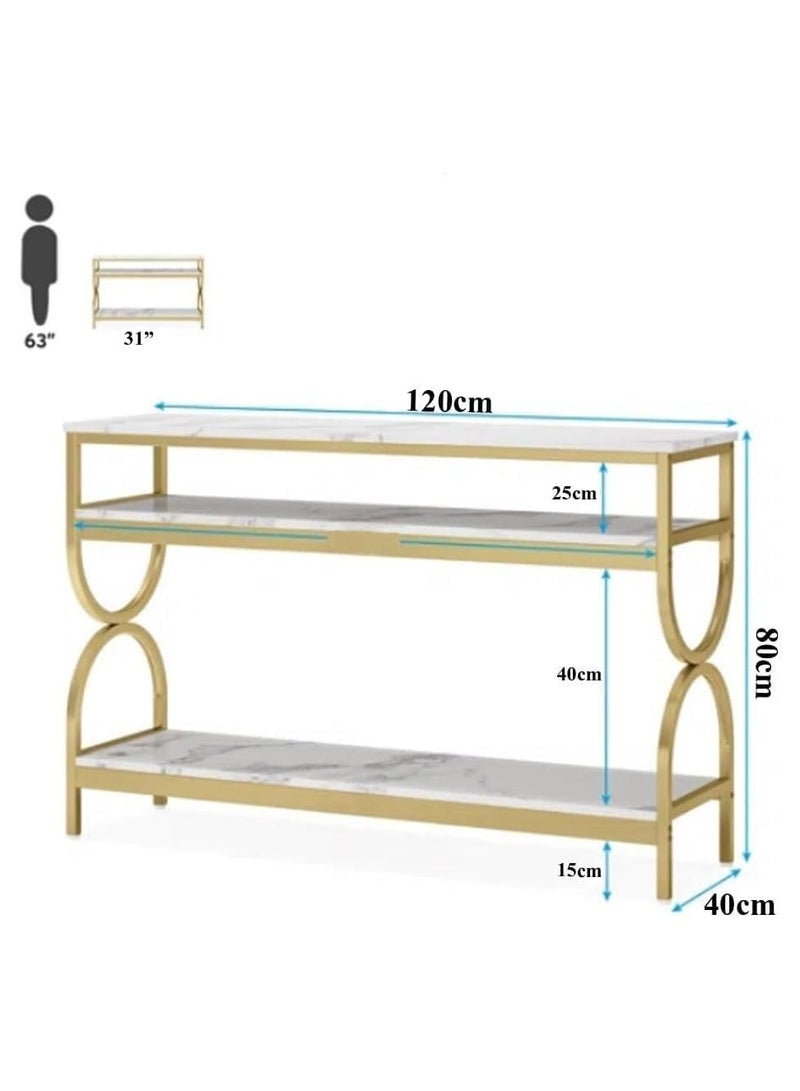 LINGWEI Elegant 3-Tier 𝐌𝐚𝐫𝐛𝐥𝐞 𝐂𝐨𝐧𝐬𝐨𝐥𝐞 𝐓𝐚𝐛𝐥𝐞 - Modern Design with Durable Shelving Gold Metal Frame with Marble Shelves Console Table (120cm x 40cm x 80cm) - Image 3