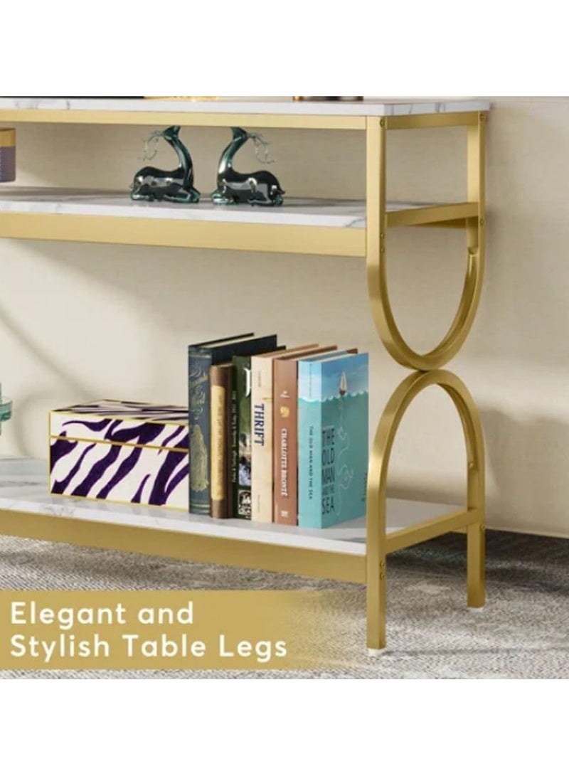 LINGWEI Elegant 3-Tier 𝐌𝐚𝐫𝐛𝐥𝐞 𝐂𝐨𝐧𝐬𝐨𝐥𝐞 𝐓𝐚𝐛𝐥𝐞 - Modern Design with Durable Shelving Gold Metal Frame with Marble Shelves Console Table (120cm x 40cm x 80cm) - Image 4