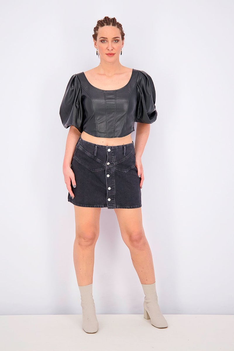 TOPSHOP تنورة جينز نسائية بقصة عادية، سوداء مغسولة - Image 3