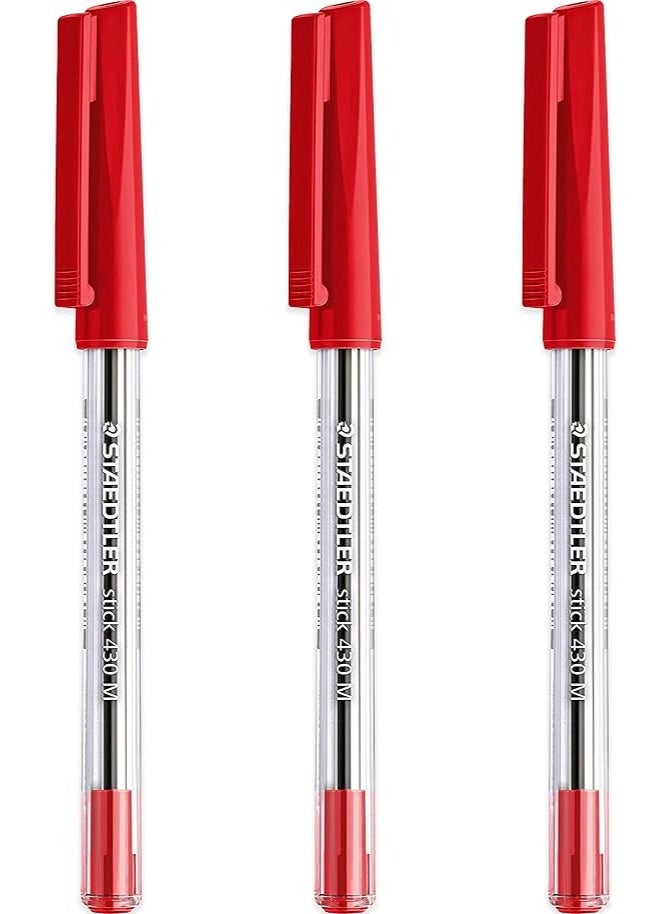 STAEDTLER Medium 0.5mm 430 Stick Ballpoint Pens Writing Pen Smooth - Red Ink - Pack Of 3 - Image 1