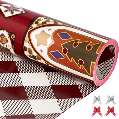 EWES Vintage Christmas Wrapping Paper Rolls Set Red Burgundy Matte Retro Heavy Duty Premium Traditional Gift Wrap Pattern with Church Elements Colorful Windows Plaid Reversible Total 285sqft - Image 1