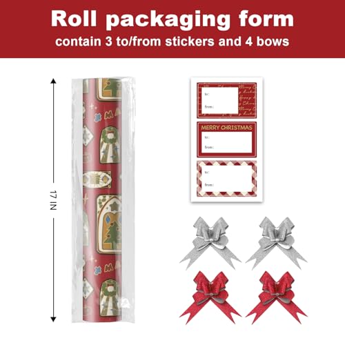EWES Vintage Christmas Wrapping Paper Rolls Set Red Burgundy Matte Retro Heavy Duty Premium Traditional Gift Wrap Pattern with Church Elements Colorful Windows Plaid Reversible Total 285sqft - Image 3