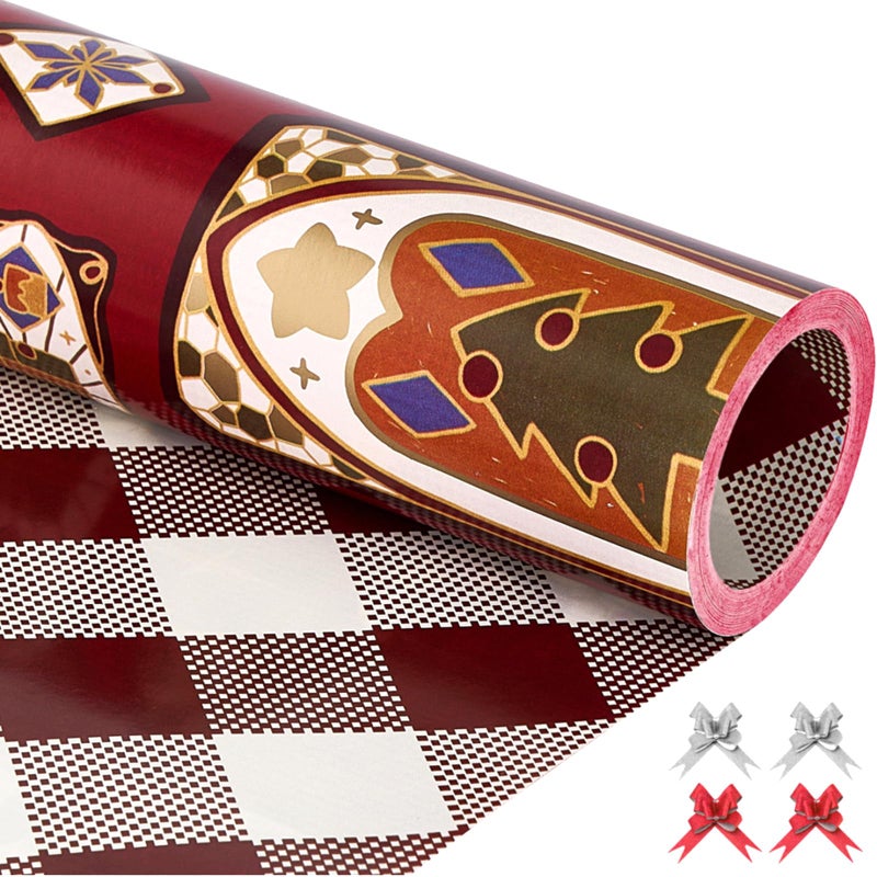 EWES Vintage Christmas Wrapping Paper Rolls Set Red Burgundy Matte Retro Heavy Duty Premium Traditional Gift Wrap Pattern with Church Elements Colorful Windows Plaid Reversible Total 285sqft - Image 2