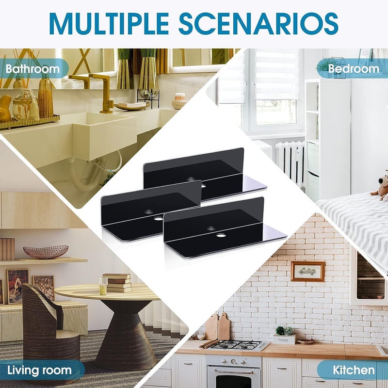 waqif 4 Pieces Wall Shelves Wall Hanging Decor Clock Speaker Organizer Acrylic Adhesive Shelf for Living Room Bedroom Floating Wall Shelves Wall Space Extension for Display and Storage - Image 4